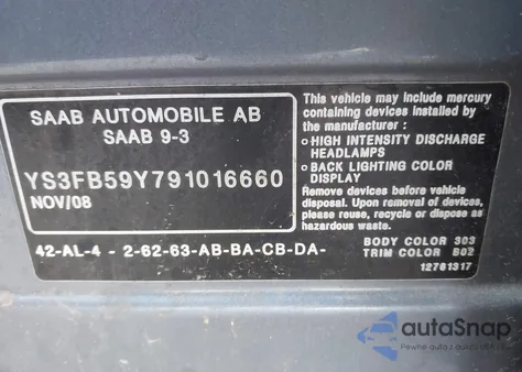 2009 Saab 9-3 2.0T из США, поврежденный, VIN YS3FB59Y791016660